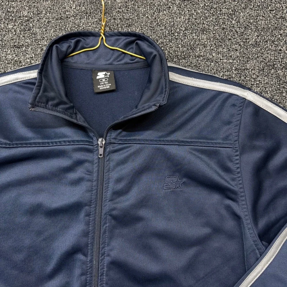 Starter Mens Track Jacket Navy Blue White Stripe Full Zip Mock Neck Size M